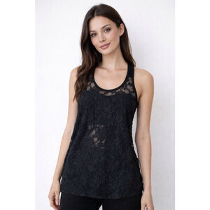 Bozzolo Black Lace Tunic Tank Sheer Floral Racerback Boho Y2K Layering Small EUC